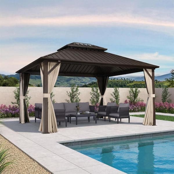 10 ft. x 14 ft. Bronze Aluminum Outdoor Hardtop Gazebo Metal Frame Galvanized Double Roof with Curtains and Nettings
