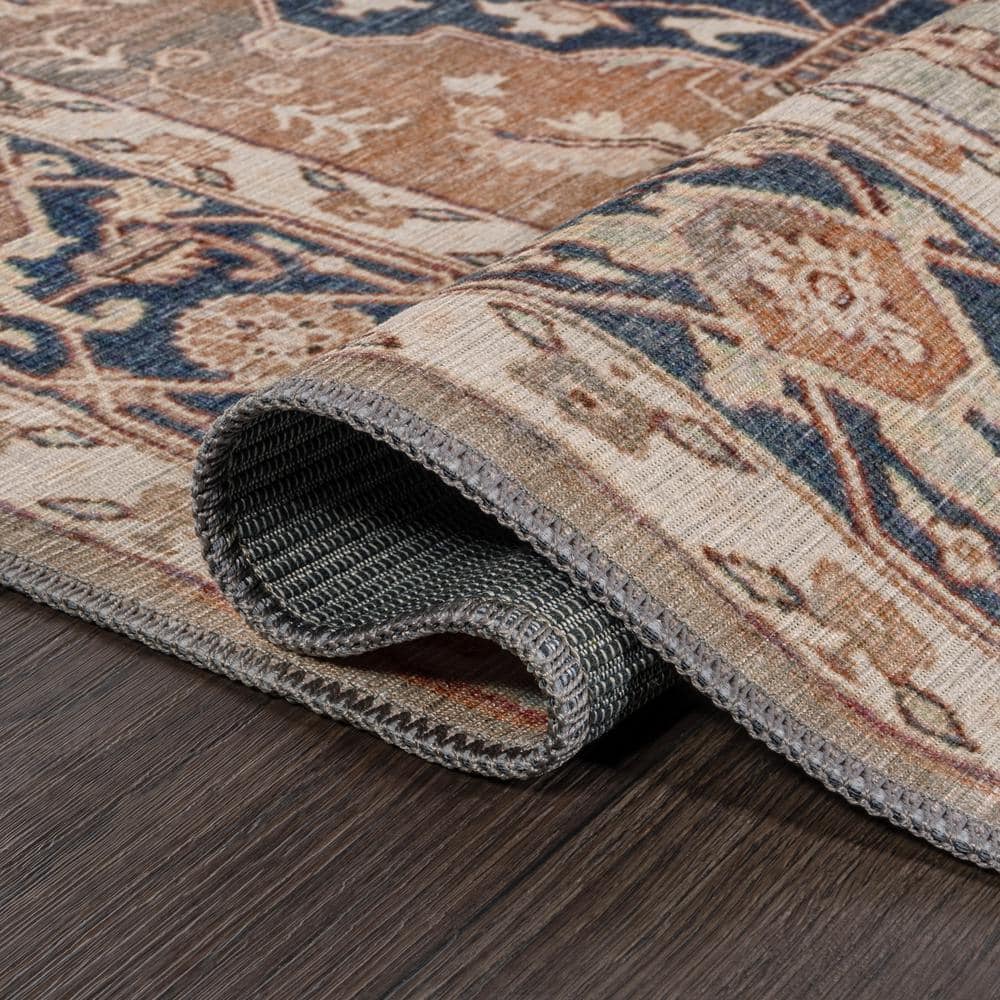 Maris Ornate Medallion Machine-Washable Beige and Blue Chenille 4' x 6' Area Rug