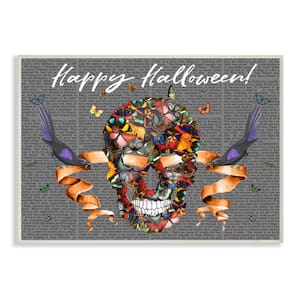 12.5 in. x 18.5 in. "Happy Halloween Butterfly Skull with Ravens and Ribbon" by Artist Fab Funky Wood Wall Art
