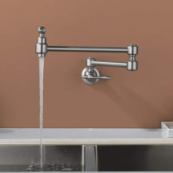 Wall Mounted Folding Pot Filler with Double-Handle Kitchen Sink Faucet Modern Commercial Brass Tap in Brushed Nickel