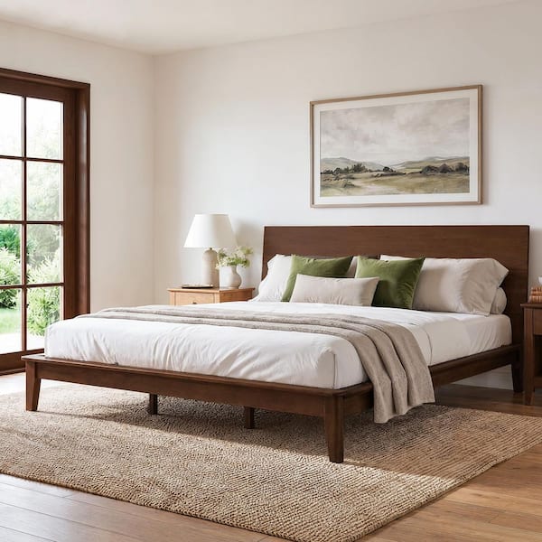 Lexy Brown Solid Wood Frame King Platform Bed with Angled Headboard