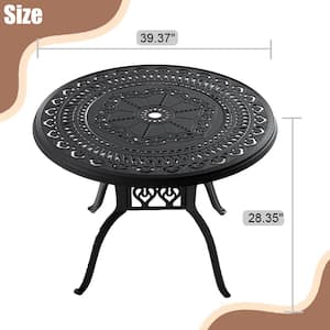 39.37 in. Black Cast Aluminum Patio Outdoor Dining Table with Umbrella Hole
