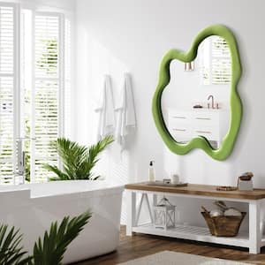 20 in. W x 28 in. H Irregular Avocado Green Wall-mounted Mirror Flannel Wrapped Wooden Frame Decorative Wavy Mirror