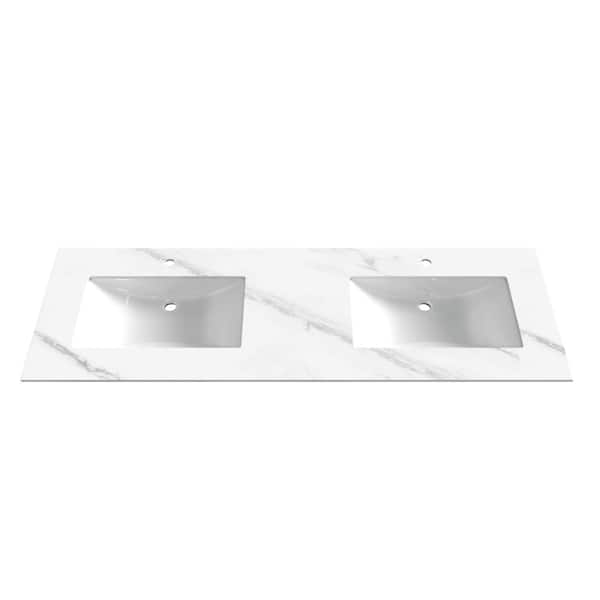 72" Porcelain Vanity Top in Carrara White with White Rectangular Double Sink