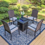 Black 5-Piece Metal Patio Fire Pit Set with Rattan Chairs with Beige Cushion