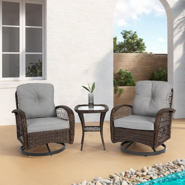 Unbranded 3-Piece Brown Wicker Patio Swivel Outdoor Rocking Chair with Gray Cushions and Table
