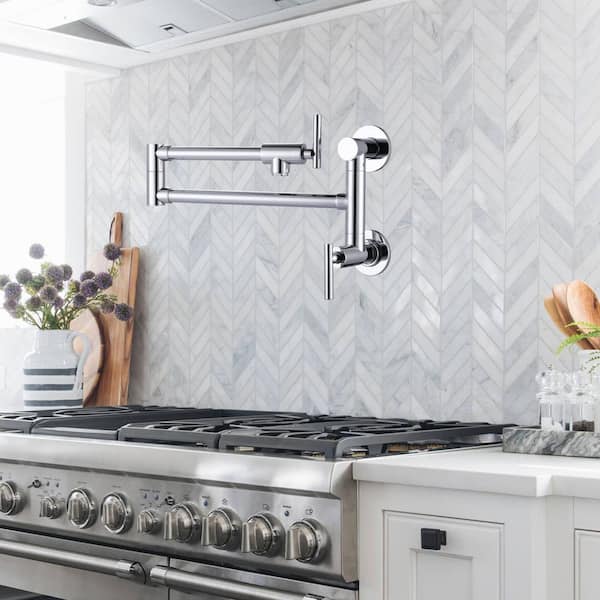 Brass Wall Mounted Pot Filler with Double Handle in Chrome