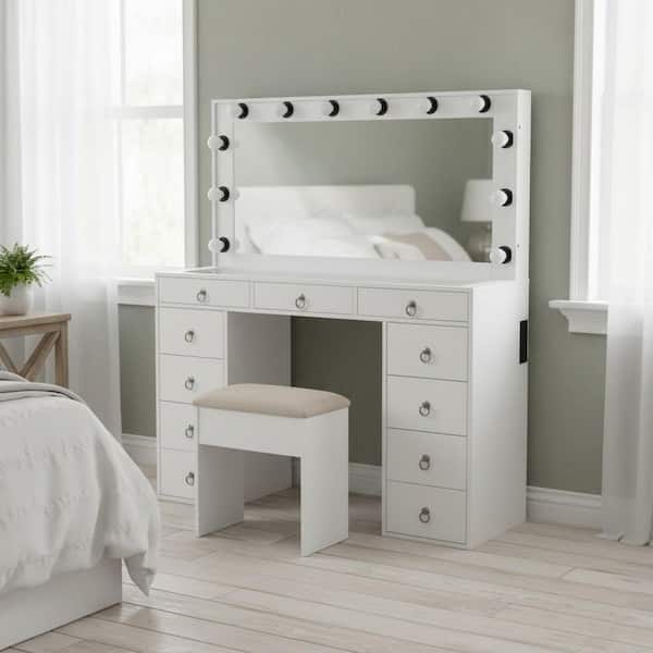 Homy Casa CYBERY 11-Drawer Cloud White Makeup Vanity Set with Stool, LED Mirror, Charging Station and Glass Desktop