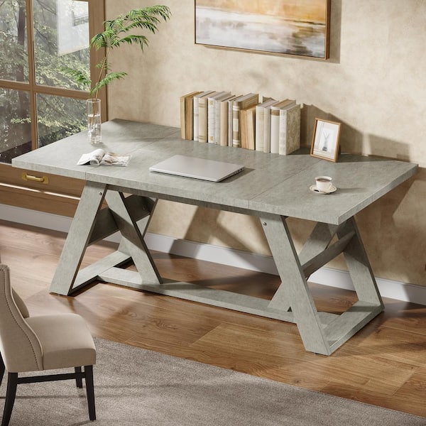 BYBLIGHT Moronia 70.9 in. Rectangle Gray Wood Executive Desk, Farmhouse Home Office Desk with Double X-Shaped Base, Computer Desk
