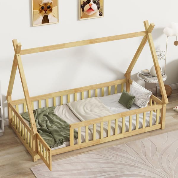 Harper & Bright Designs Tent Style Natural Wood Frame Twin Size Platform Bed, Teepee Bed with Fence Bedrails, Door, Slats