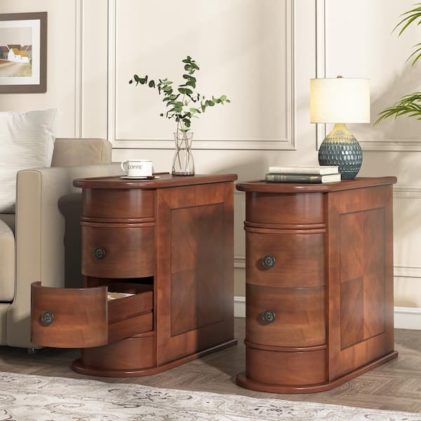 BYBLIGHT Kerlin Solid Wood 2-Drawer End Table Set, No Assembly Required, Finished Back, Walnut