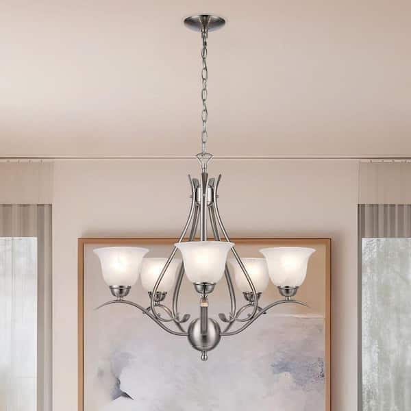 Aspen 5-Light Brushed Nickel Chandelier Light Fixture with Marbleized Glass Shades