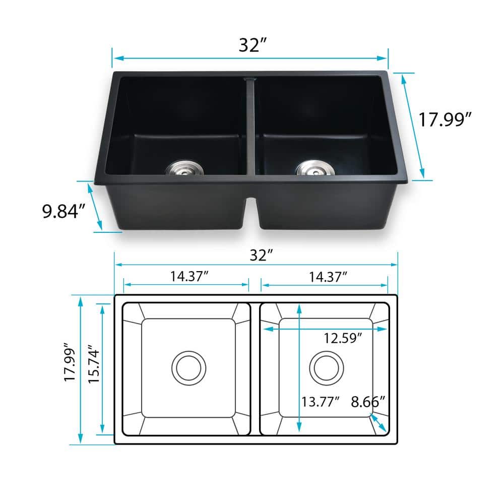 Matte Black Quartz Double Bowl Undermount Kitchen Sink with Basket Strainer