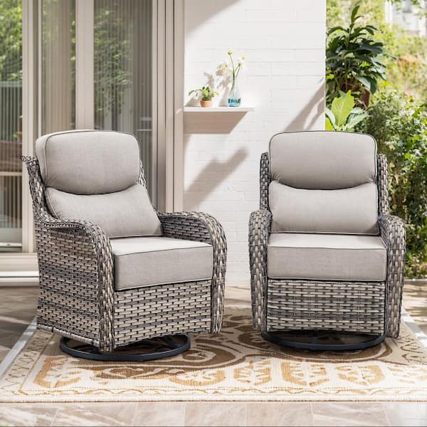 6in Thicken Gray Wicker Outdoor Swivel Rocking Lounge Chair with Cushion Guard Beige Cushions (Set 2-Pack)