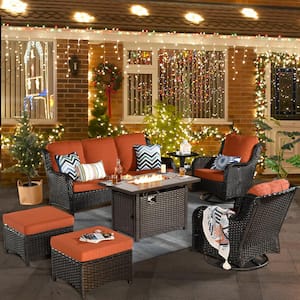 Joyoung Brown 7-Piece Wicker Patio Rectangle Fire Pit Conversation Set with Orange Red Cushions and Swivel Chairs