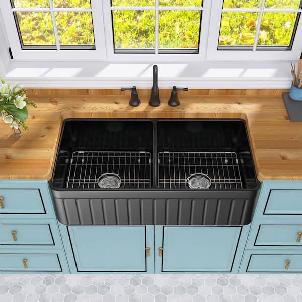 Staykiwi 30 in. Farmshouse Double Bowl Black Fireclay Kitchen Sink with Bottom Grids