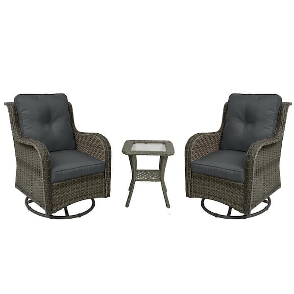 Uixe Wicker Rattan Taupe Patio Outdoor Rocking Chair Swivel with Dark Gray Cushions and Side Table (Set of 2)