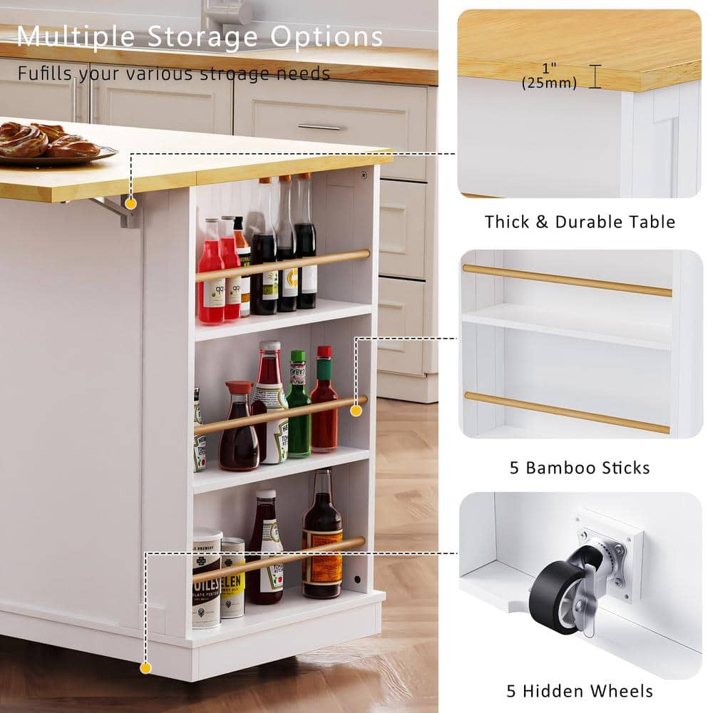 White Wood 53" Kitchen Island with Drop Leaf and Power Outlet