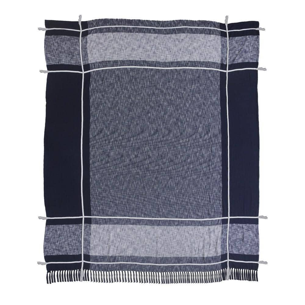 Minimal Modern Navy Blue/White Plaid Fringed King Cotton Coverlet -  LR Home, 0871A0084D9348