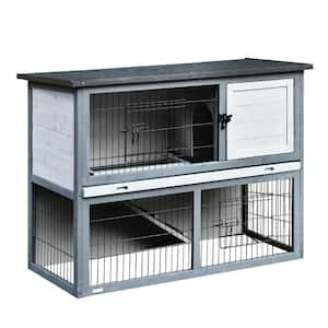 PawHut Grey Wooden Rabbit Hutch 4 Door House with Ramp, Removable Tray ...