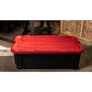 57 Gal. Pro Grip Storage Tote with Wheels in Black with Red Lid