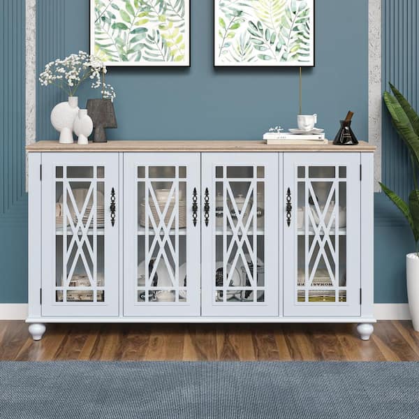 FESTIVO Vintage White MDF 63 in. Storage Buffet Sideboard with Floral Design Doors