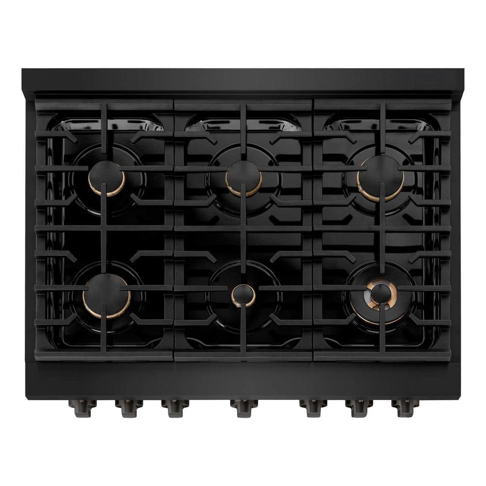 36" Black Stainless Steel Gas Range with Convection Oven and Brass Burners