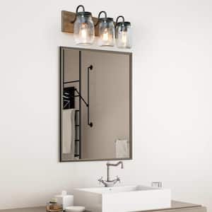 Farmhouse Bathroom Vanity Light 3-Light Black Powder Room Wall Sconce with Brown Faux Wood Accent Clear Mason Jar Shades