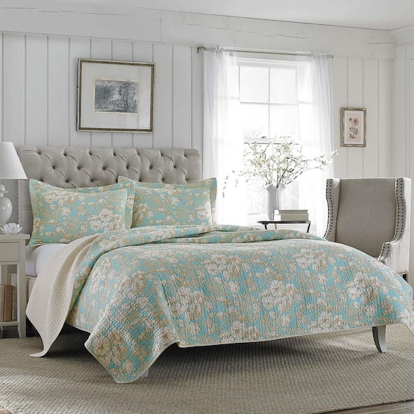 Laura Ashley Brompton 2-Piece Blue Cotton Floral Twin Quilt Set