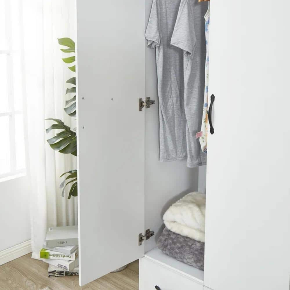 White Wood Armoire with Mirror, 4 Drawers, and Shelves