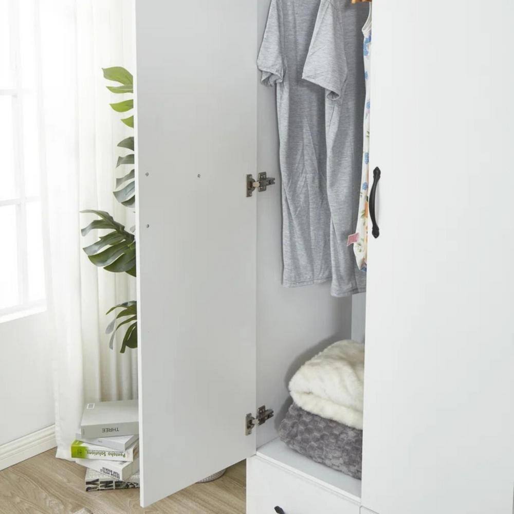 White Wood Armoire with Mirror, 4 Drawers, and Shelves