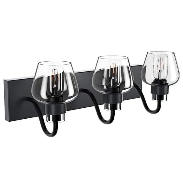aiwen 19.7 in. 3-Light Black Modern Vanity Light Over Mirror with Clear Glass Shades