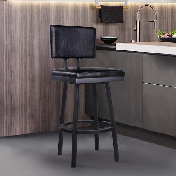 Armen Living Balboa 30 in. Black High Back Metal Swivel Bar Stool with Faux Leather Seat