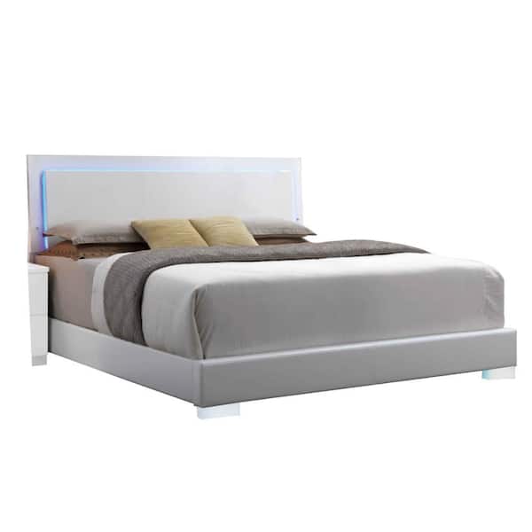 Benjara White Wooden Frame King Platform Bed with LED Panel Headboard and Chrome Legs