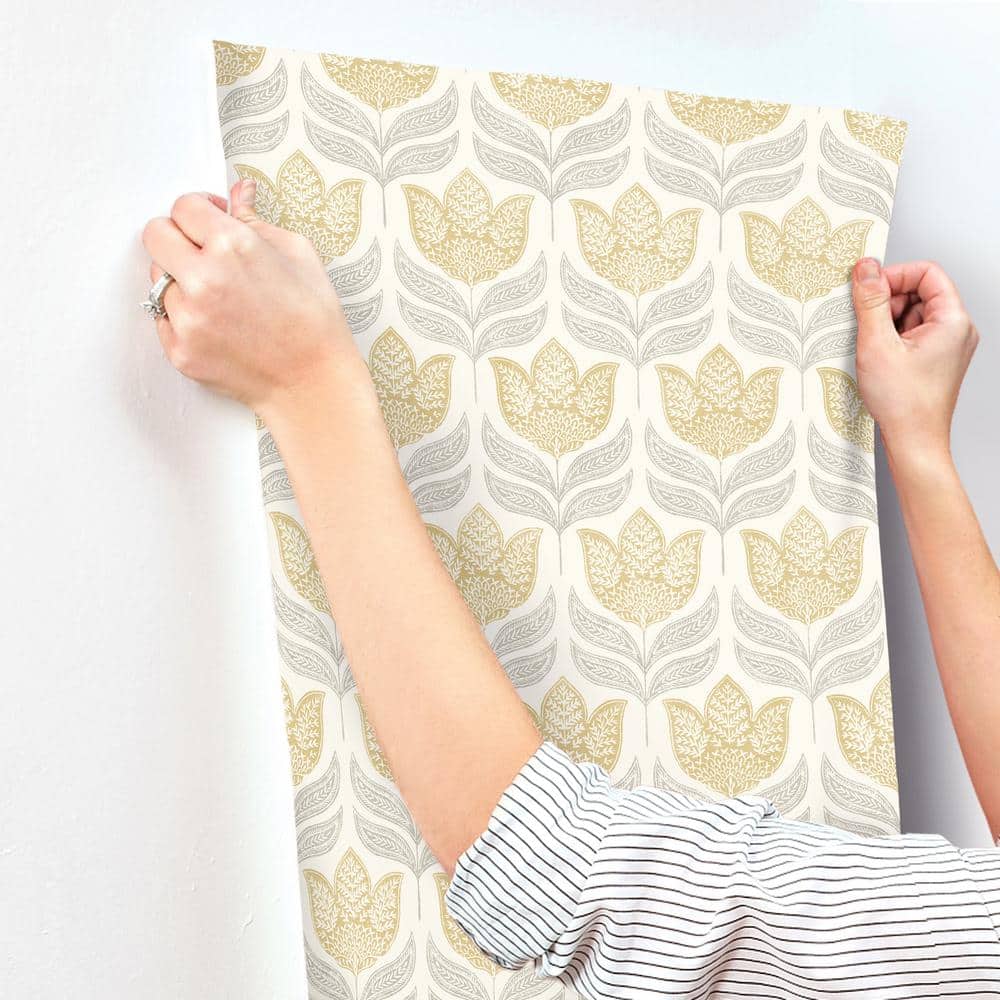Mustard and Grey Tulip Block Print Wallpaper, 20.5-in by 33-ft