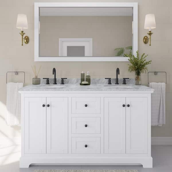 Wyndham Collection Avery 60 in. W x 22 in. D x 35 in. H Double Bath Vanity in White with White Carrara Marble Top