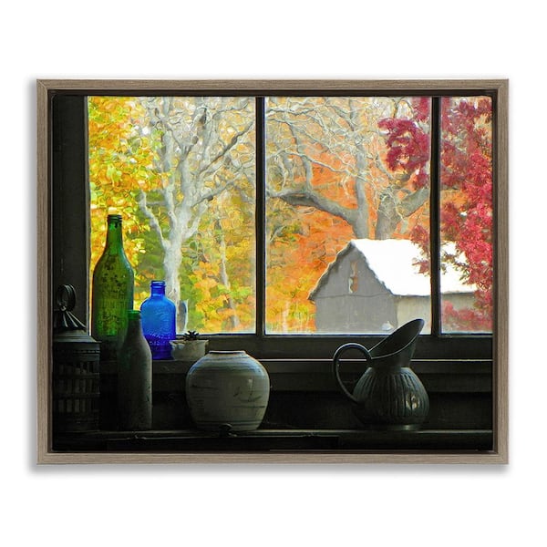 Stupell Industries Fall Foliage in Window by GraffiTee Studios 1 Piece Floater Frame Graphic Print Nature Poster Art Print 31 in. x 25 in.