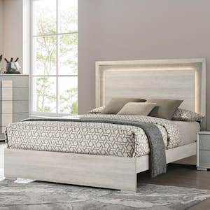 Bulevard White Engineered Wood Frame King Panel Bed with LED on Headboard