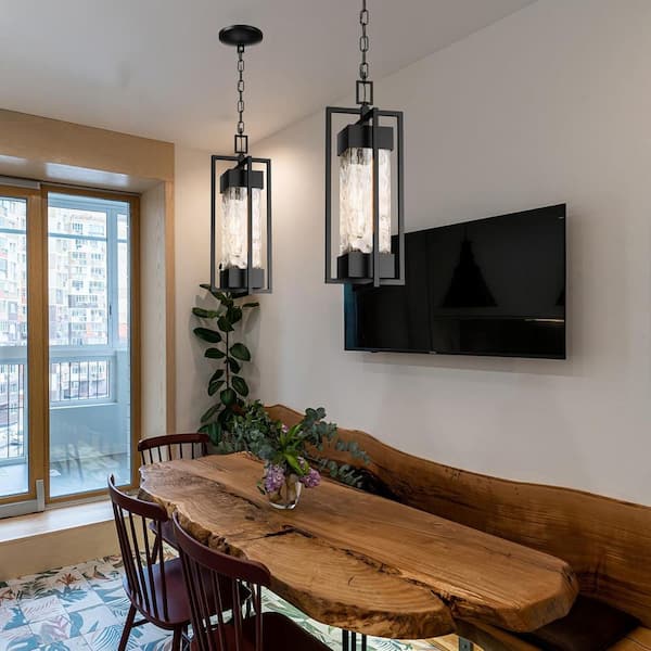 15-Inch Outdoor Indoor Pendant Light – Modern Black Metal Hanging Lantern, Water Seeded Glass, Includes Dimmable LED Bulb