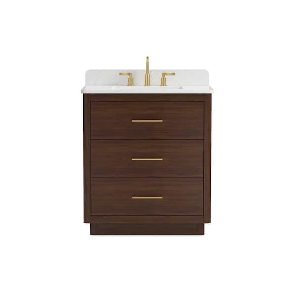 Grisel 31 in. Single Sink Freestanding Brown Bath Vanity with White Engineered Stone Top and Backsplash Assembled