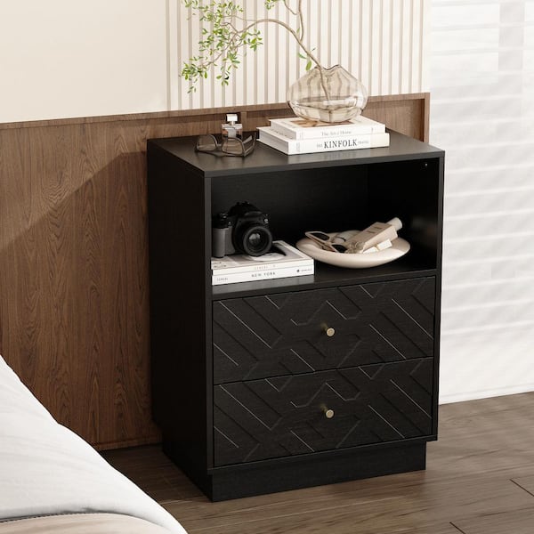 Modern 23.6 in. Black Rectangular Wood End Side Table with 2 Drawers, Open Shelf and Geometric Pattern for Living Room