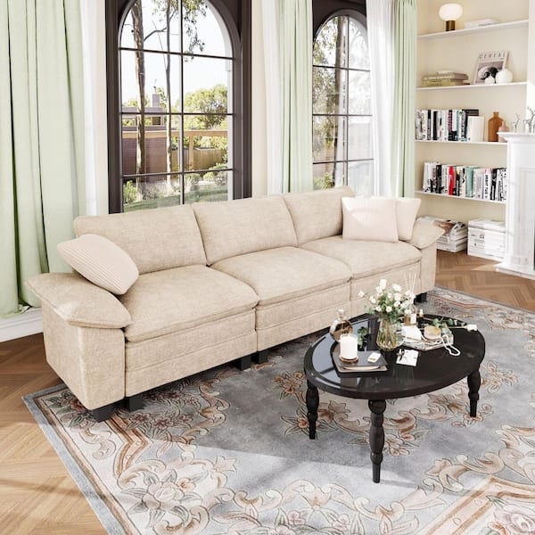 123.6 in. Flared Arm 3-Seat Chenille Modular Sectional Sofa in Beige with 3 Throw Pillows for Living Room