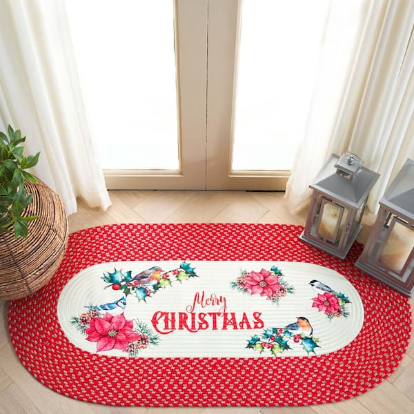 Braided Posters Ivory/Red 2 ft. x 3 ft. Machine Washable Merry Christmas Floral Oval Area Rug