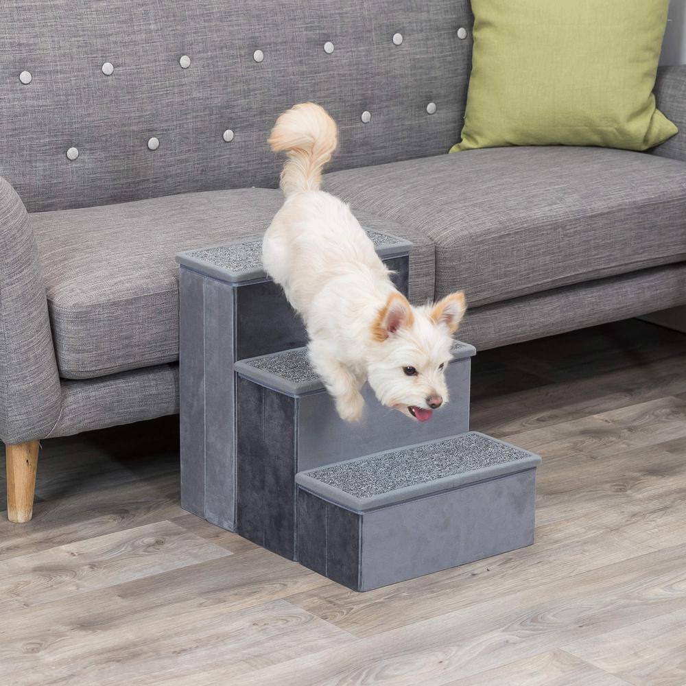 Gray Velour Foldable 3-Step Pet Stairs with Storage