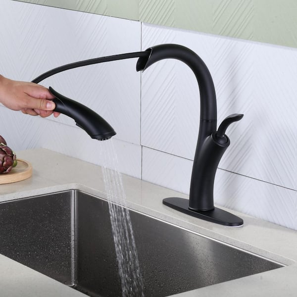 16.1 in. H Single Handle Pull Out Sprayer Kitchen Faucet With 2-Mode Sprayer and 360° Spout Swivel in Matte Black