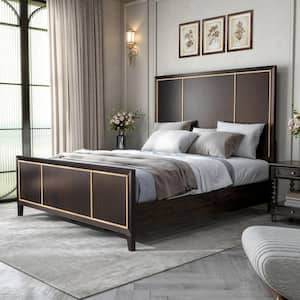 Demi Brown Solid Wood Frame Queen Panel Bed with Gold Accent Trim