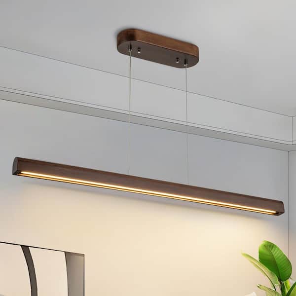 TinHon 19W 1-Light Walnut Wood Color Linear Pendant Light LED Hanging Light Dinning Room Light Fixture for Kitchen Island Bar