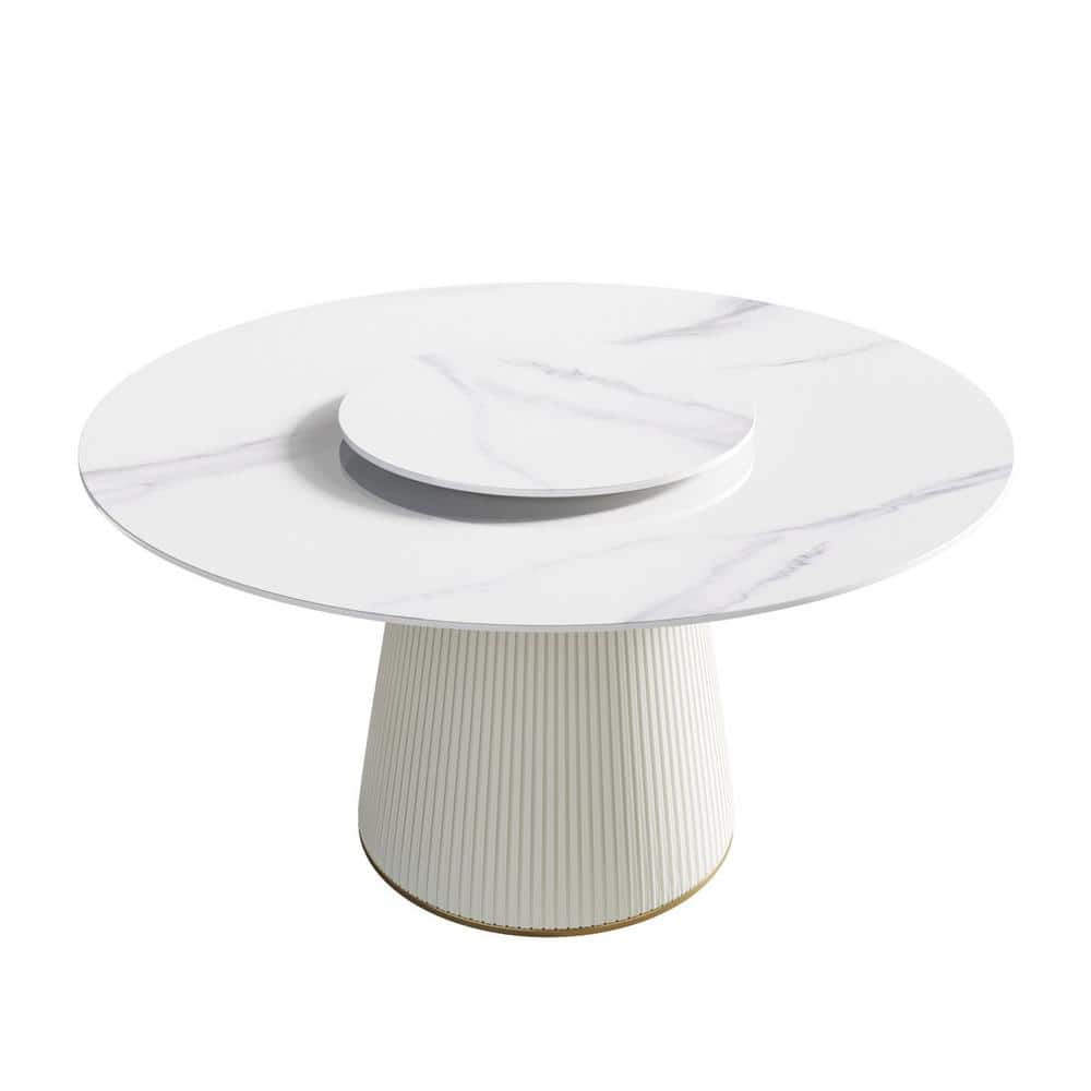 53.15 in. White Circular Rotable Sintered Stone Tabletop with Lazy Susan Pedestal Base Kitchen Dining Table (Seats-6) -  Magic Home, MH-A-RD135WW-5W