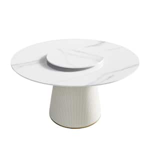 53.15 in. White Circular Rotable Sintered Stone Tabletop with Lazy Susan Pedestal Base Kitchen Dining Table (Seats-6)