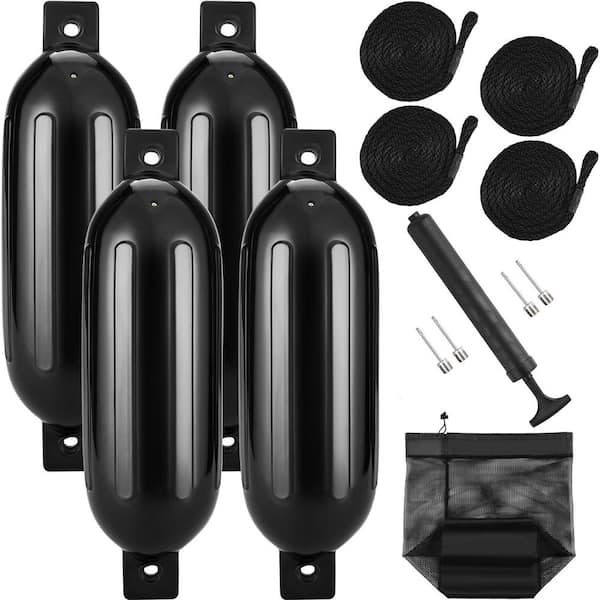 Boat Fenders, 5.5 in. x 20 in. Boat Bumpers for Docking, Inflatable Ribbed Fender with Center Holes, Black